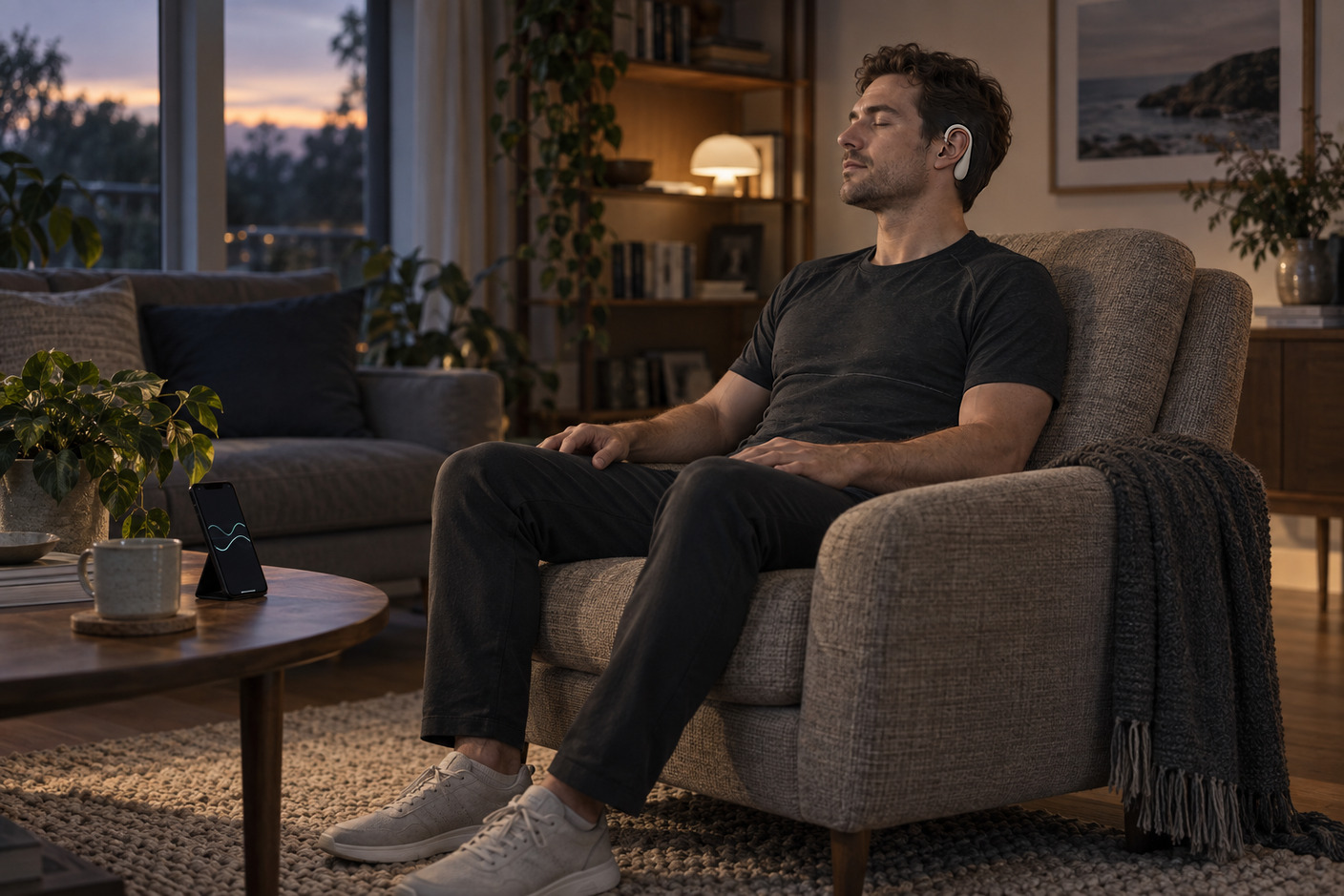 Man sitting back in an armchair at dusk with eyes closed, wearing a concept ear-worn band — not a real device — with a phone angled toward him on a coffee table showing two soft wave lines.