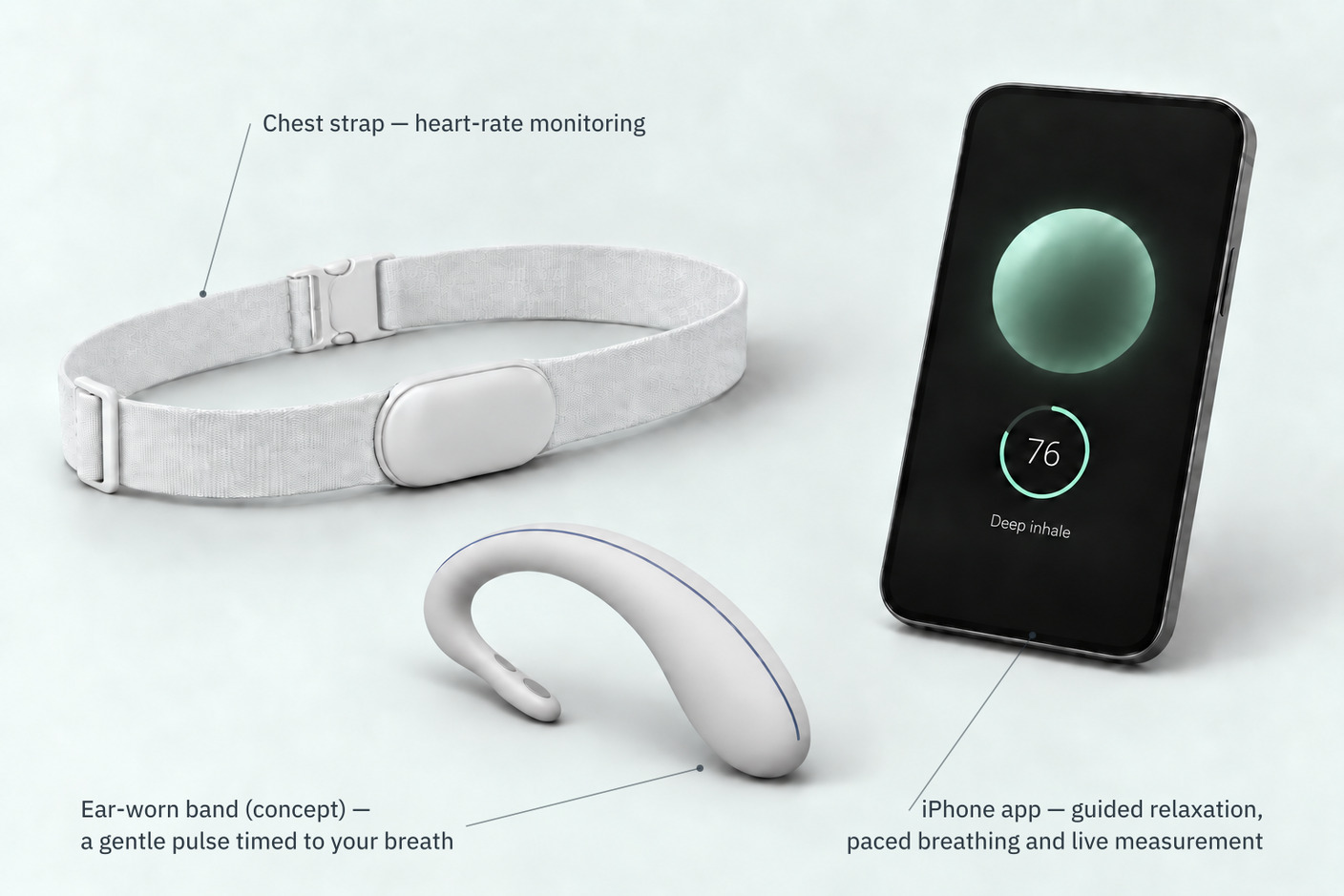 Digital mockup of the three Loopsu components, labelled: chest strap — heart-rate monitoring; ear-worn band (concept) — a gentle pulse timed to your breath; iPhone app — guided relaxation, paced breathing and live measurement.